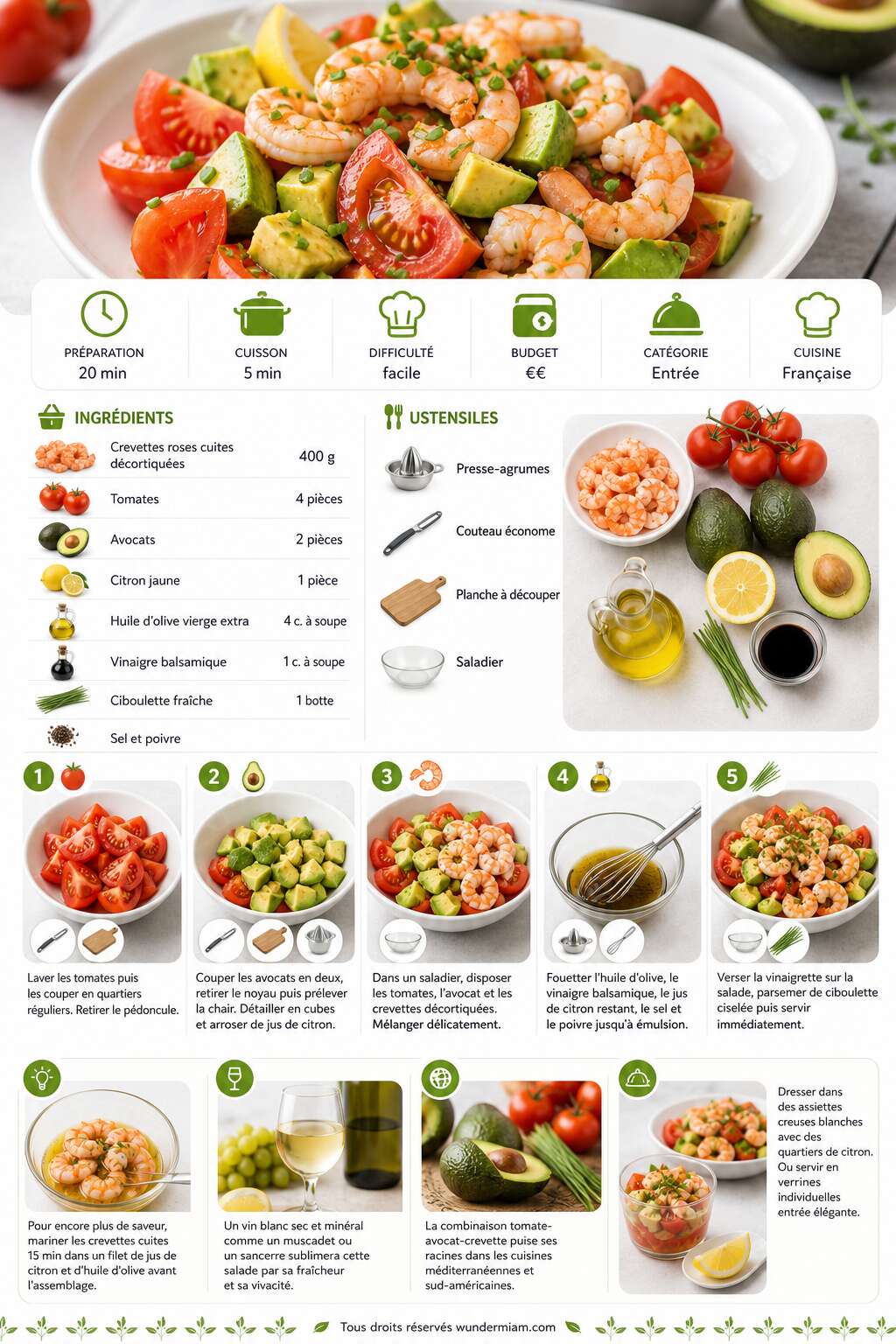 Fiche recette Recette de salade fraîcheur aux tomates, avocat et crevettes Fiche recette Recette de salade fraîcheur aux tomates, avocat et crevettes
