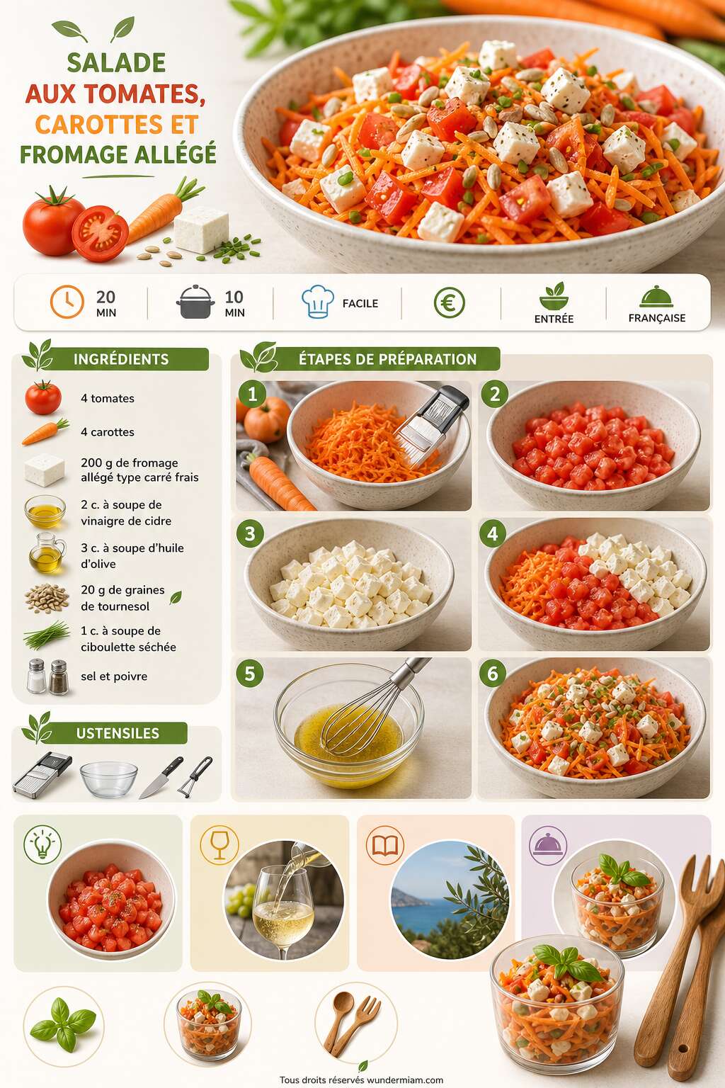 Fiche recette Recette de salade aux tomates, carottes et fromage allégé Fiche recette Recette de salade aux tomates, carottes et fromage allégé