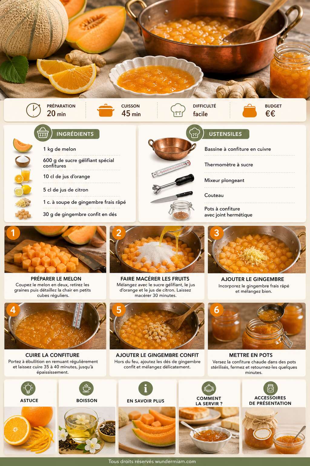 Fiche recette Recette de confiture de melon au jus d'agrumes et au gingembre Fiche recette Recette de confiture de melon au jus d'agrumes et au gingembre