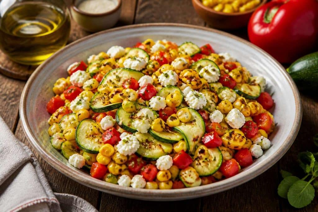 Recette de salade de maïs, poivrons et courgettes : fraîche et colorée