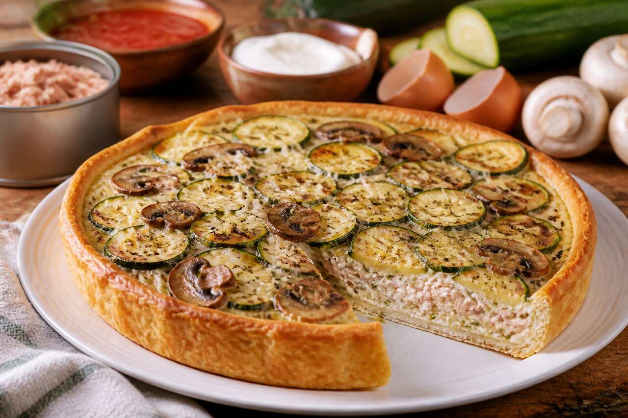 Recette de tarte aux courgettes, champignons et thon Ă la tomate