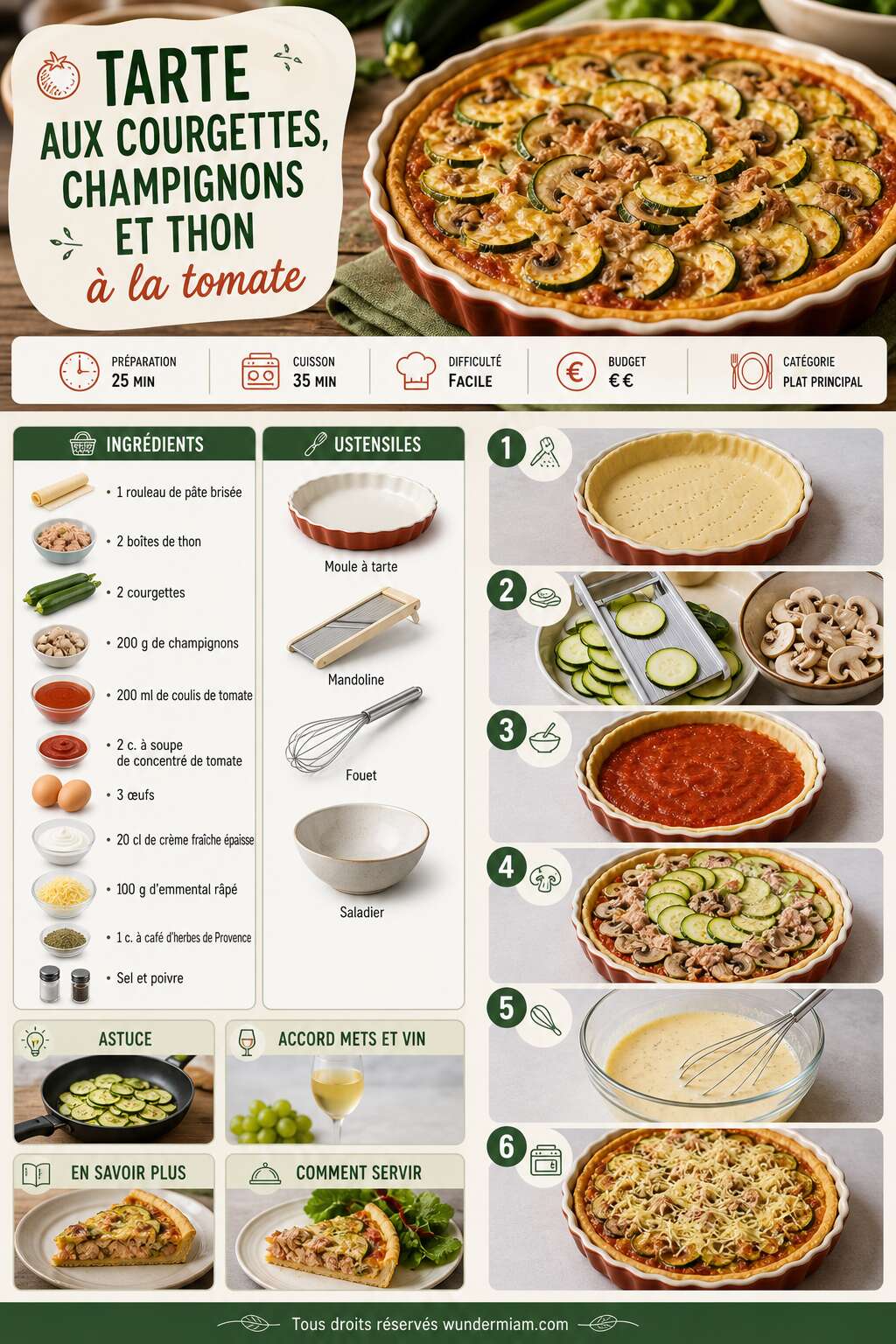 Fiche recette Recette de tarte aux courgettes, champignons et thon à la tomate Fiche recette Recette de tarte aux courgettes, champignons et thon à la tomate