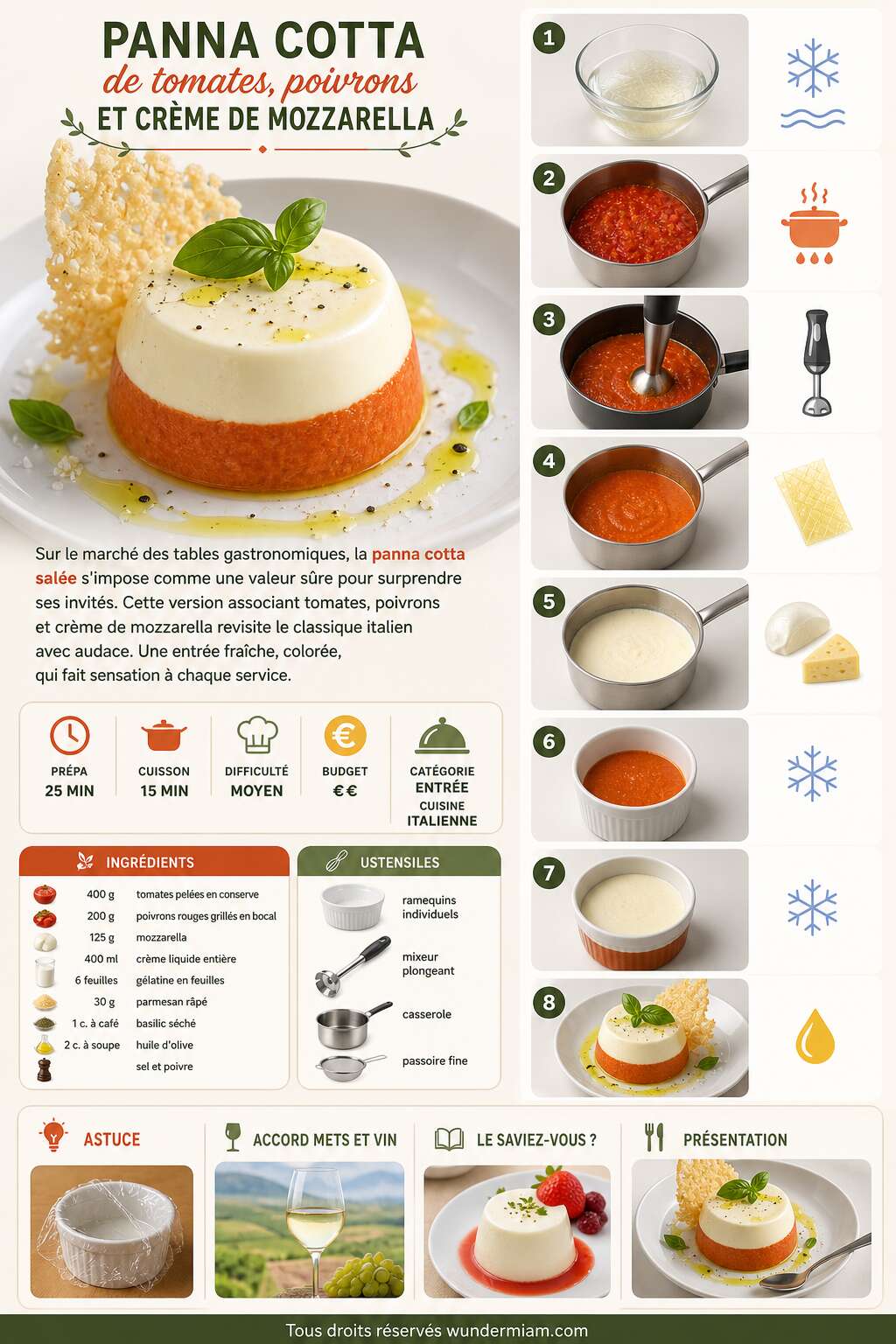 Fiche recette Recette de panna cotta de tomates, poivrons et crème de mozzarella Fiche recette Recette de panna cotta de tomates, poivrons et crème de mozzarella