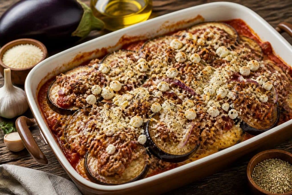 Recette d'aubergines gratinées à la viande de bœuf hachée et à la feta