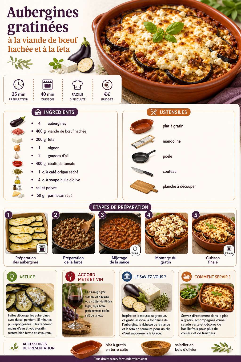 Fiche recette Recette d'aubergines gratinées à la viande de bœuf hachée et à la feta Fiche recette Recette d'aubergines gratinées à la viande de bœuf hachée et à la feta