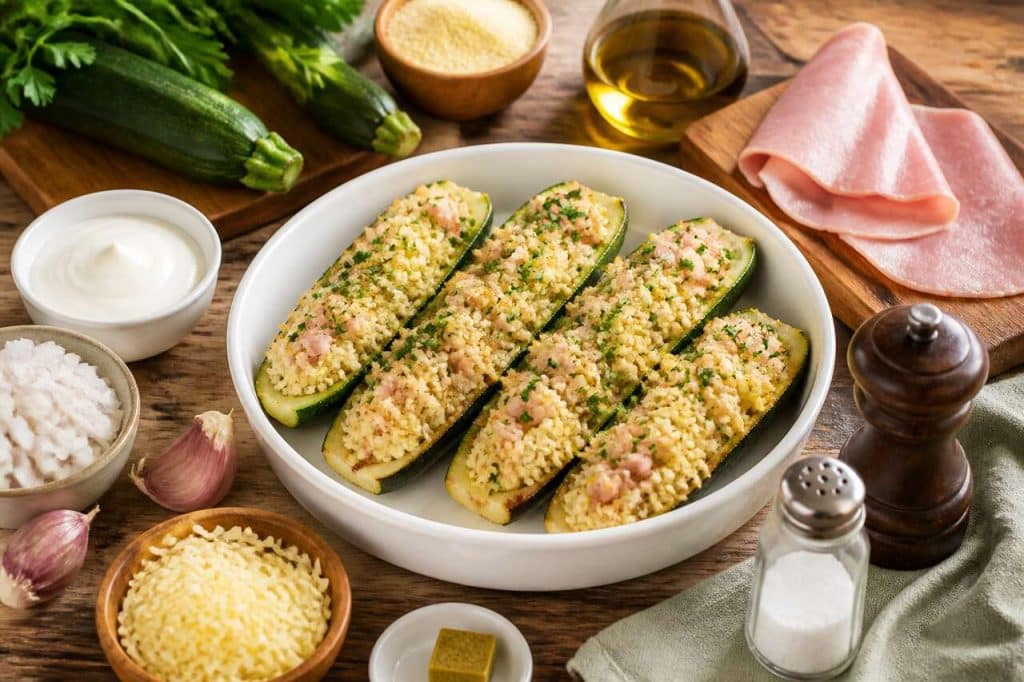 Recette de courgette farcie à la semoule, jambon et yaourt light