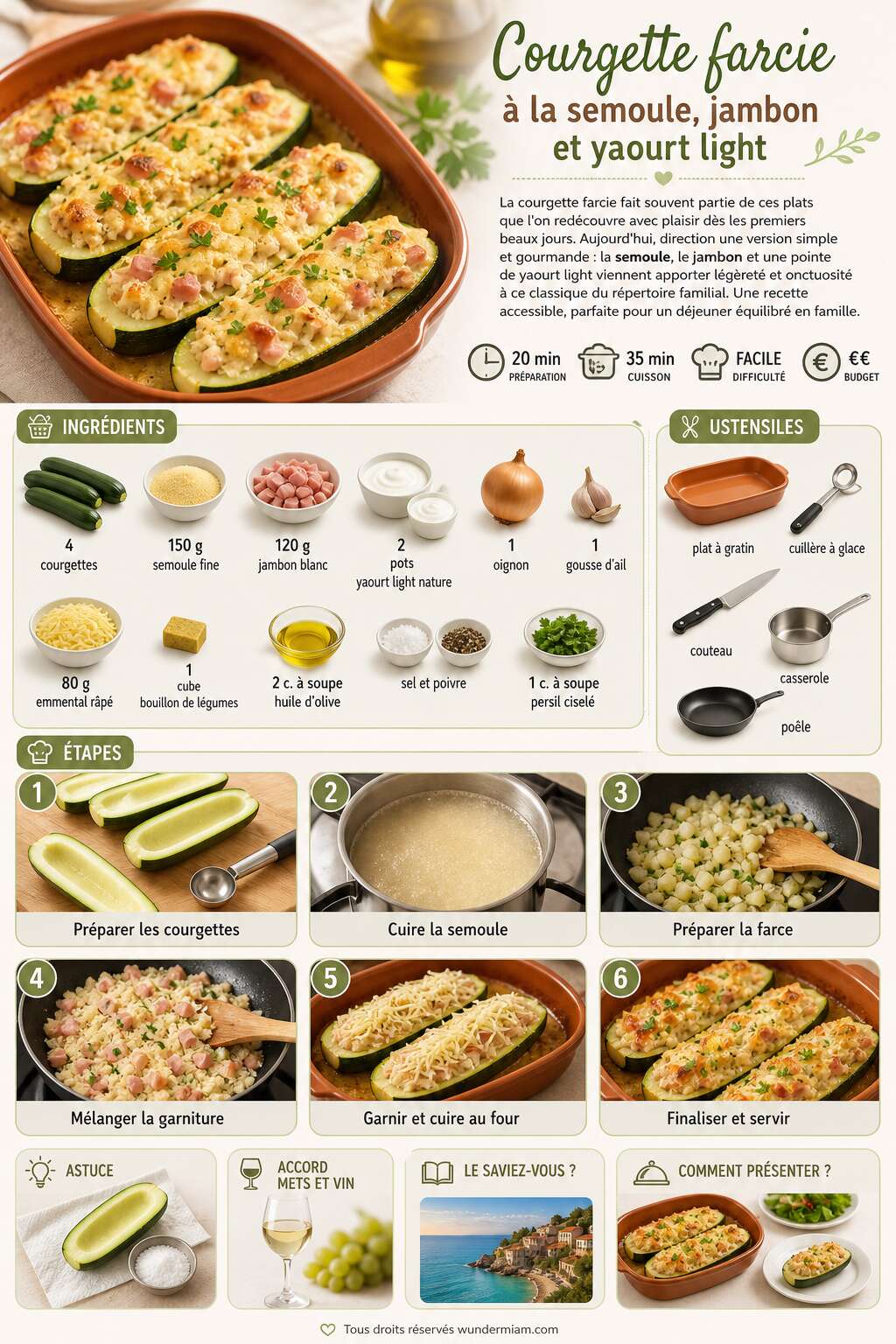 Fiche recette Recette de courgette farcie à la semoule, jambon et yaourt light Fiche recette Recette de courgette farcie à la semoule, jambon et yaourt light