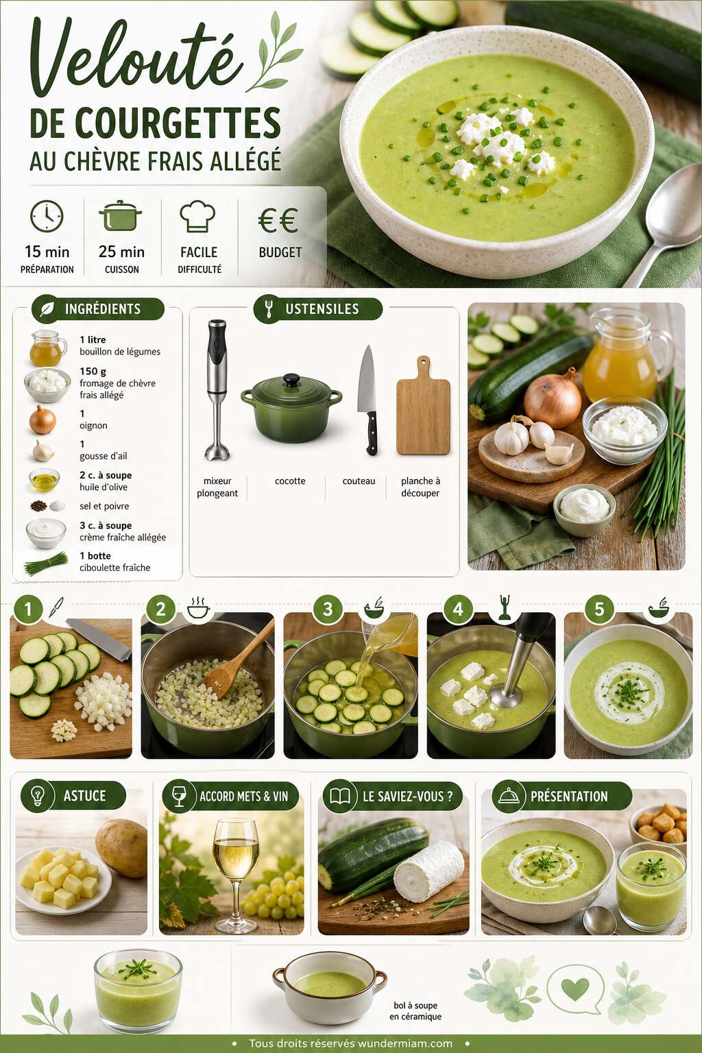 Fiche recette Recette de velouté de courgettes au chèvre frais allégé Fiche recette Recette de velouté de courgettes au chèvre frais allégé