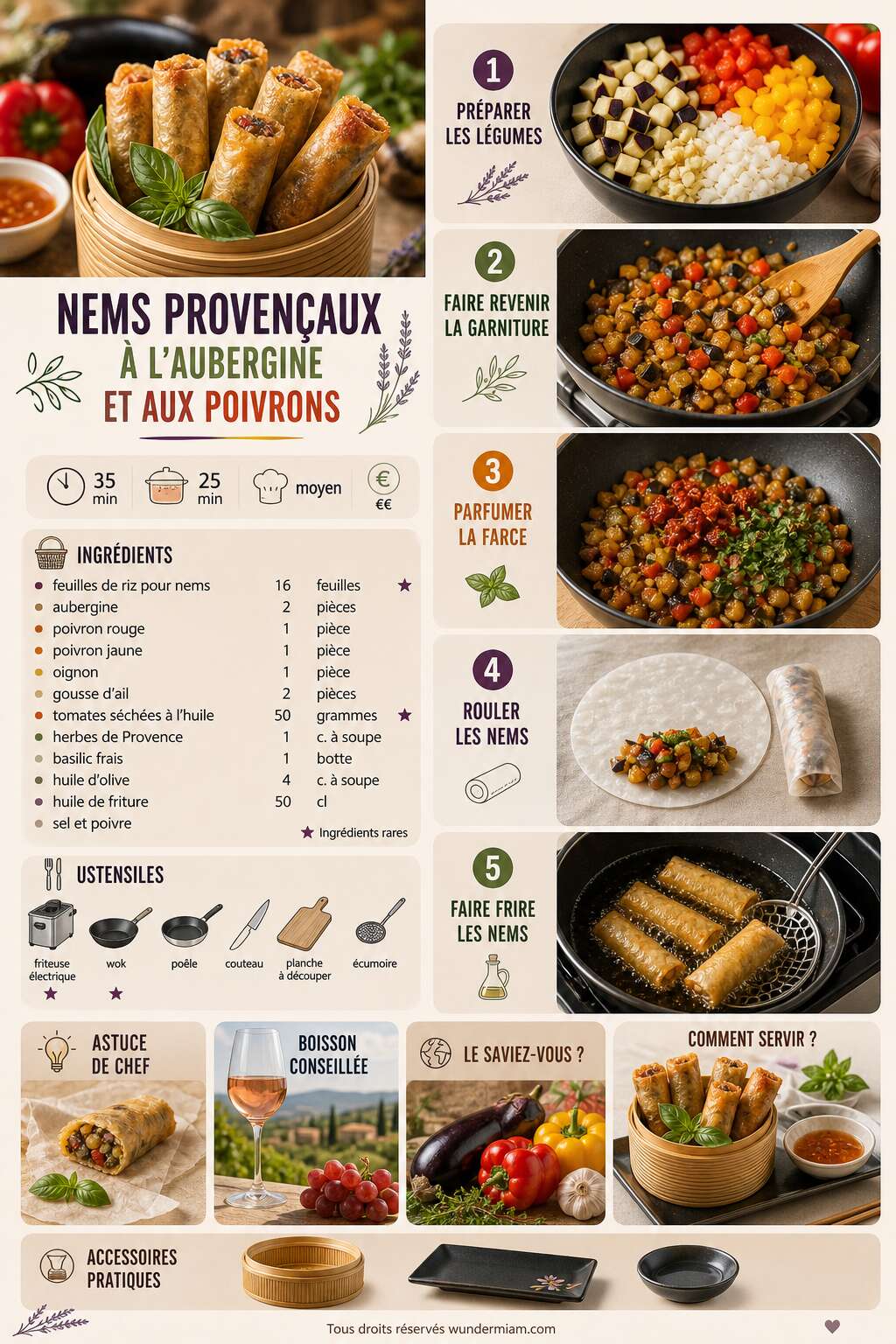 Fiche recette Recette de nems provençaux à l'aubergine et aux poivrons Fiche recette Recette de nems provençaux à l'aubergine et aux poivrons