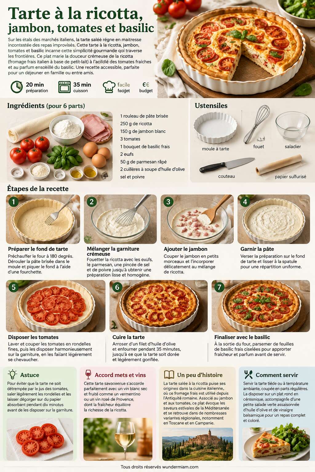 Fiche recette Recette de tarte à la ricotta, jambon, tomates et basilic Fiche recette Recette de tarte à la ricotta, jambon, tomates et basilic