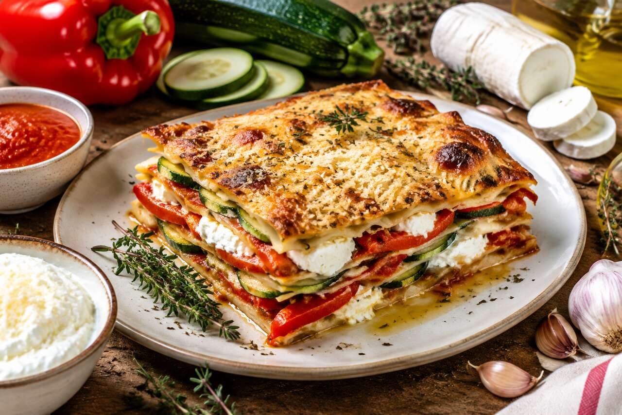 Recette de lasagnes aux courgettes, poivron et chèvre