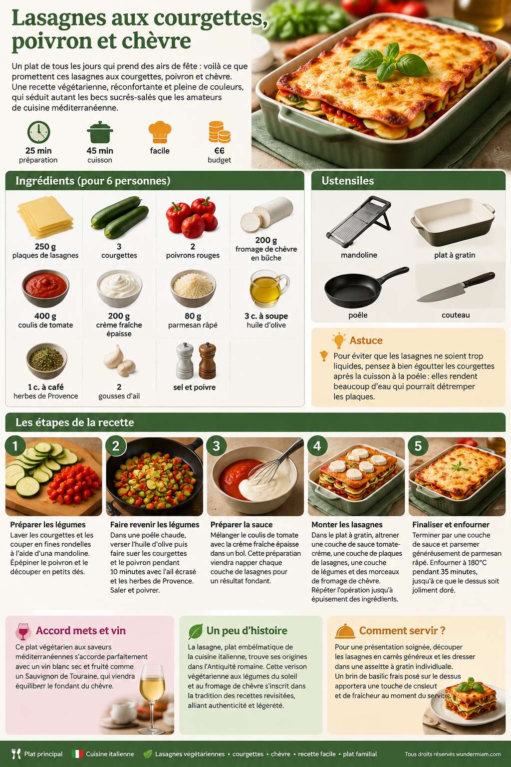 Fiche recette Recette de lasagnes aux courgettes, poivron et chèvre Fiche recette Recette de lasagnes aux courgettes, poivron et chèvre