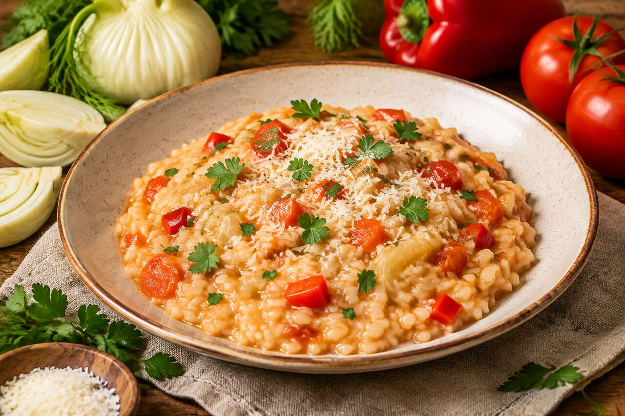 Recette de risotto au fenouil, tomate et poivron