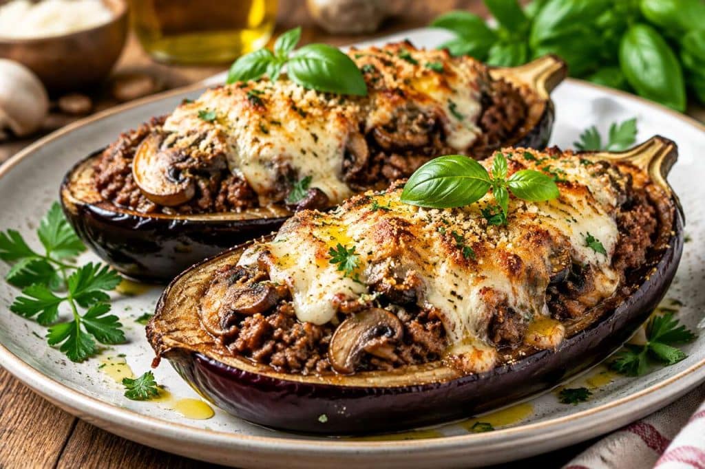 Recette d'aubergines farcies aux champignons et à la viande