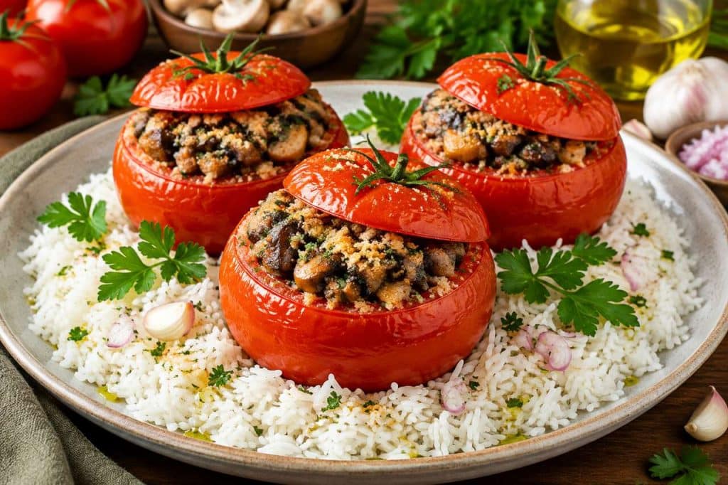 Recette de tomates farcies aux champignons sur lit de riz basmati