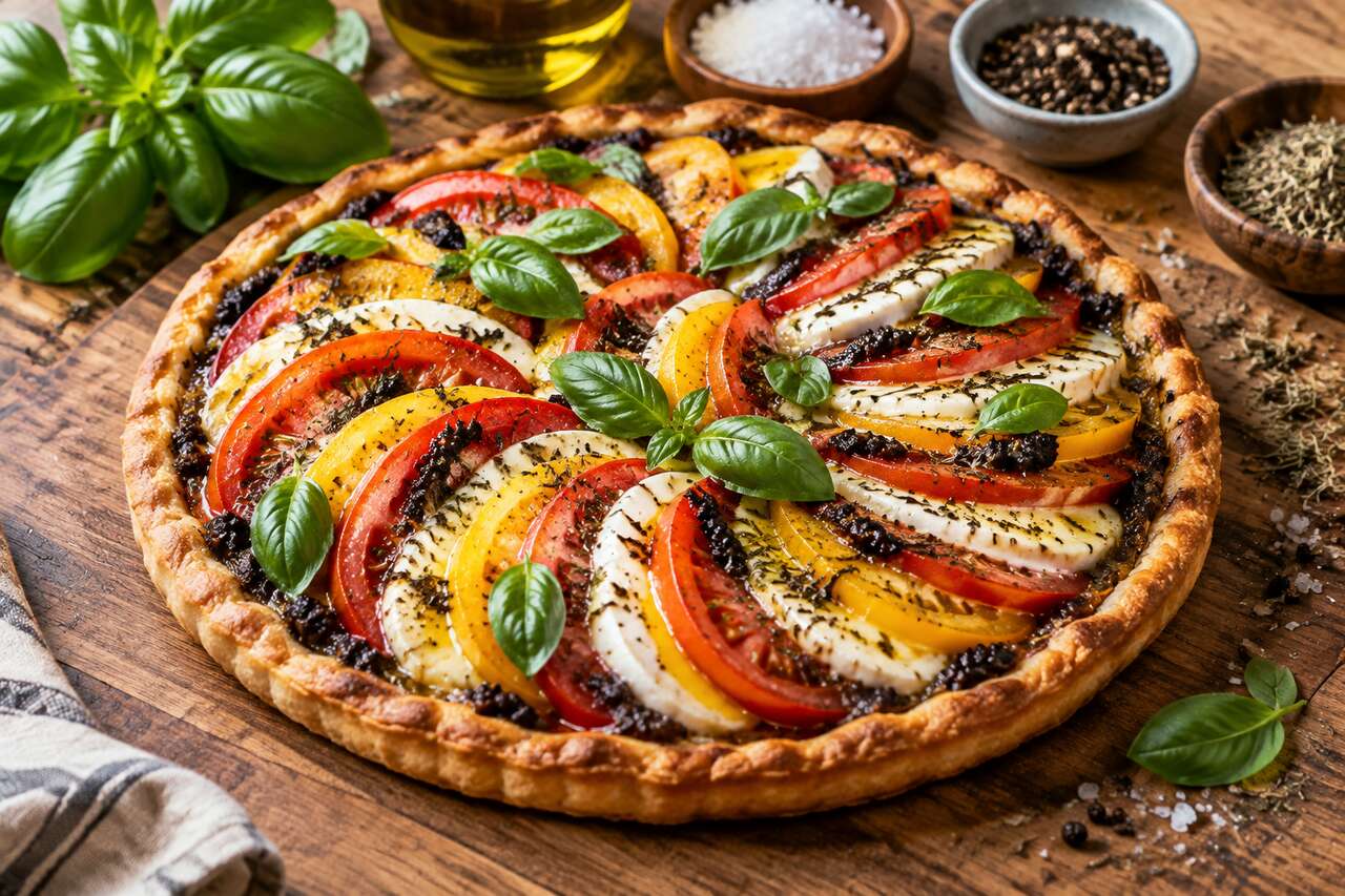 Recette de tarte aux tomates, mozzarella et tapenade
