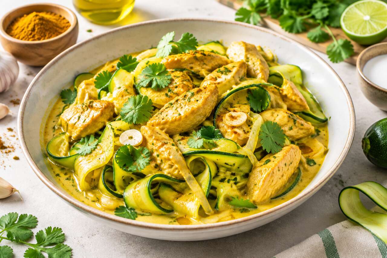Recette de poulet au curry et tagliatelles de courgettes