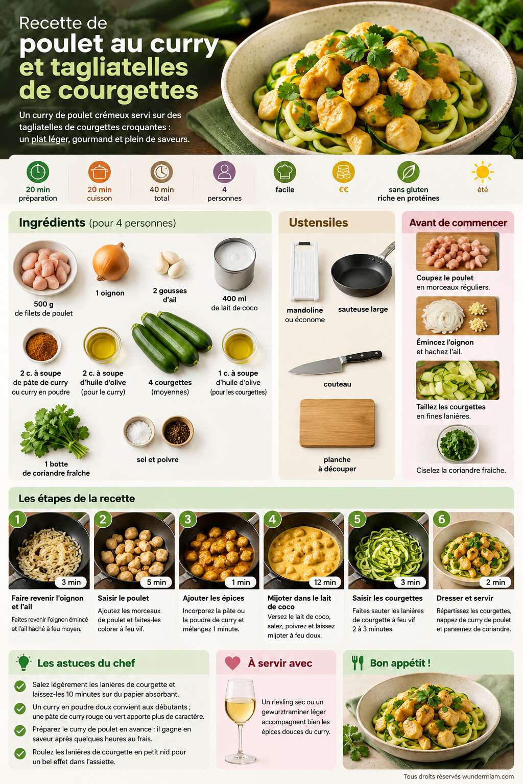 Fiche recette Recette de poulet au curry et tagliatelles de courgettes Fiche recette Recette de poulet au curry et tagliatelles de courgettes