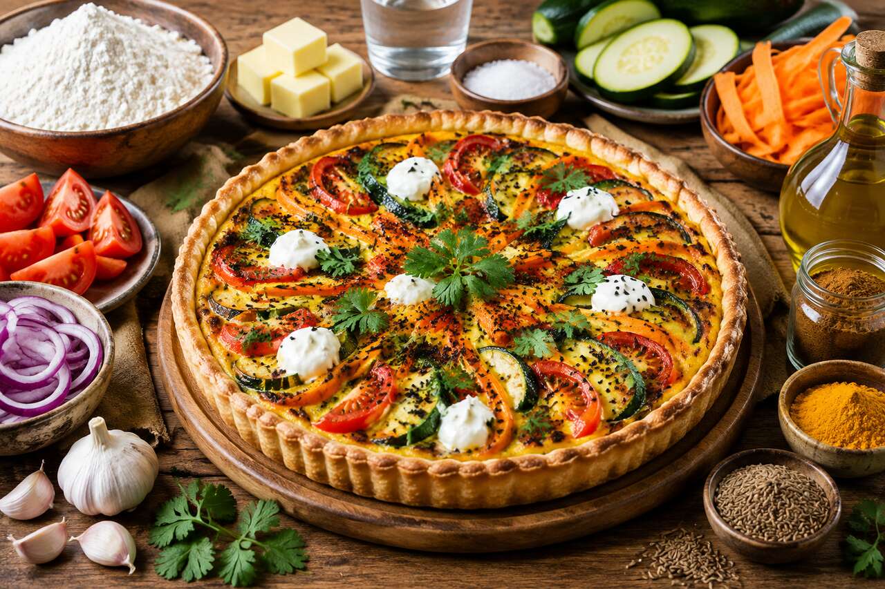 Recette de tarte aux courgettes, carottes, tomates et épices indiennes