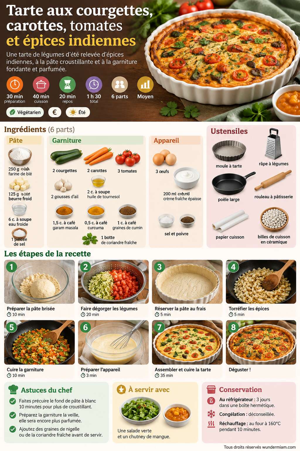 Fiche recette Recette de tarte aux courgettes, carottes, tomates et épices indiennes Fiche recette Recette de tarte aux courgettes, carottes, tomates et épices indiennes