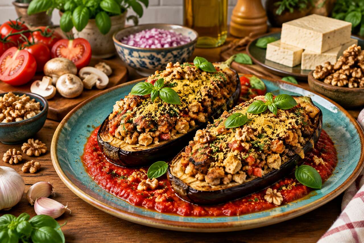 Recette d'aubergines farcies au four vegan