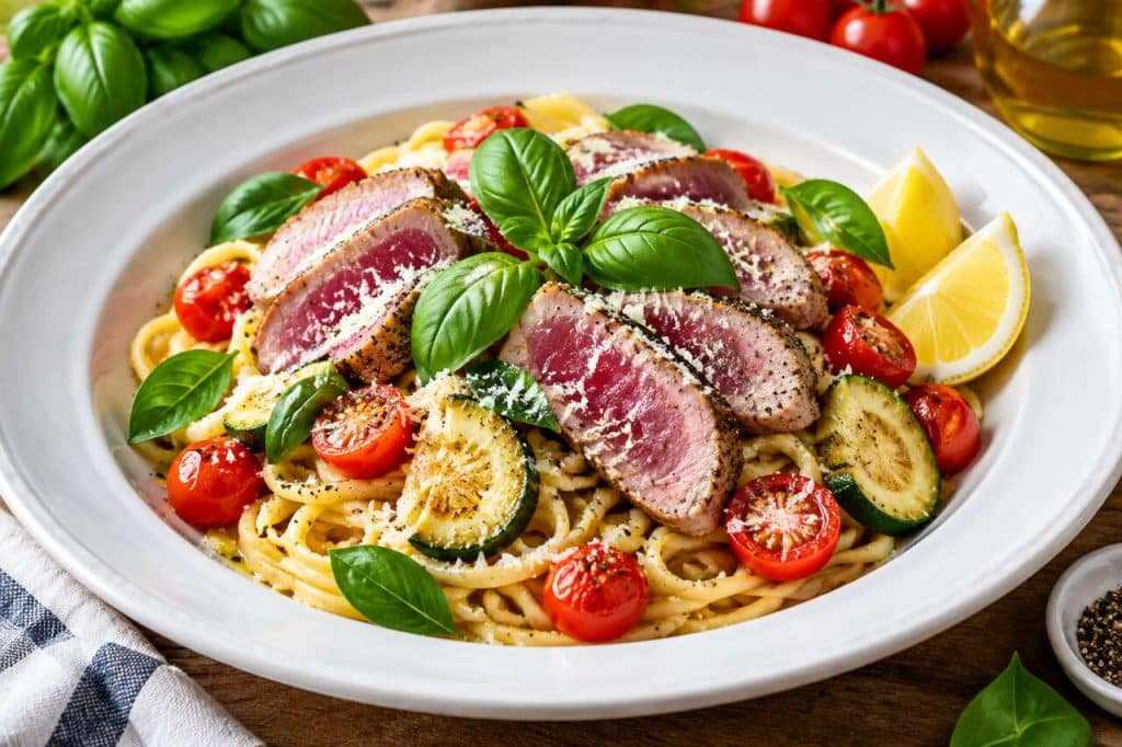 Pâtes au thon fumé, courgettes, tomates et basilic : une recette fraîche et savoureuse