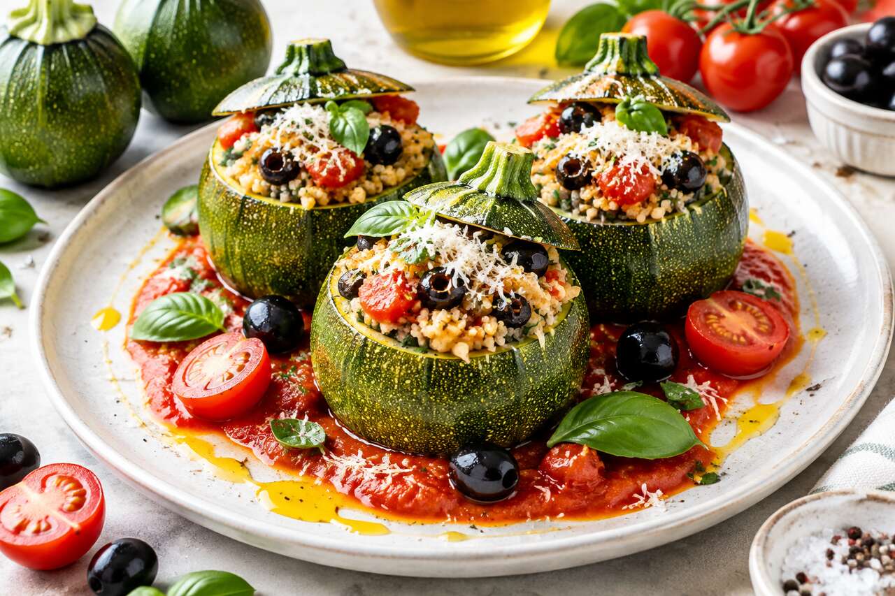 Recette de courgettes farcies au millet, tomate et olive