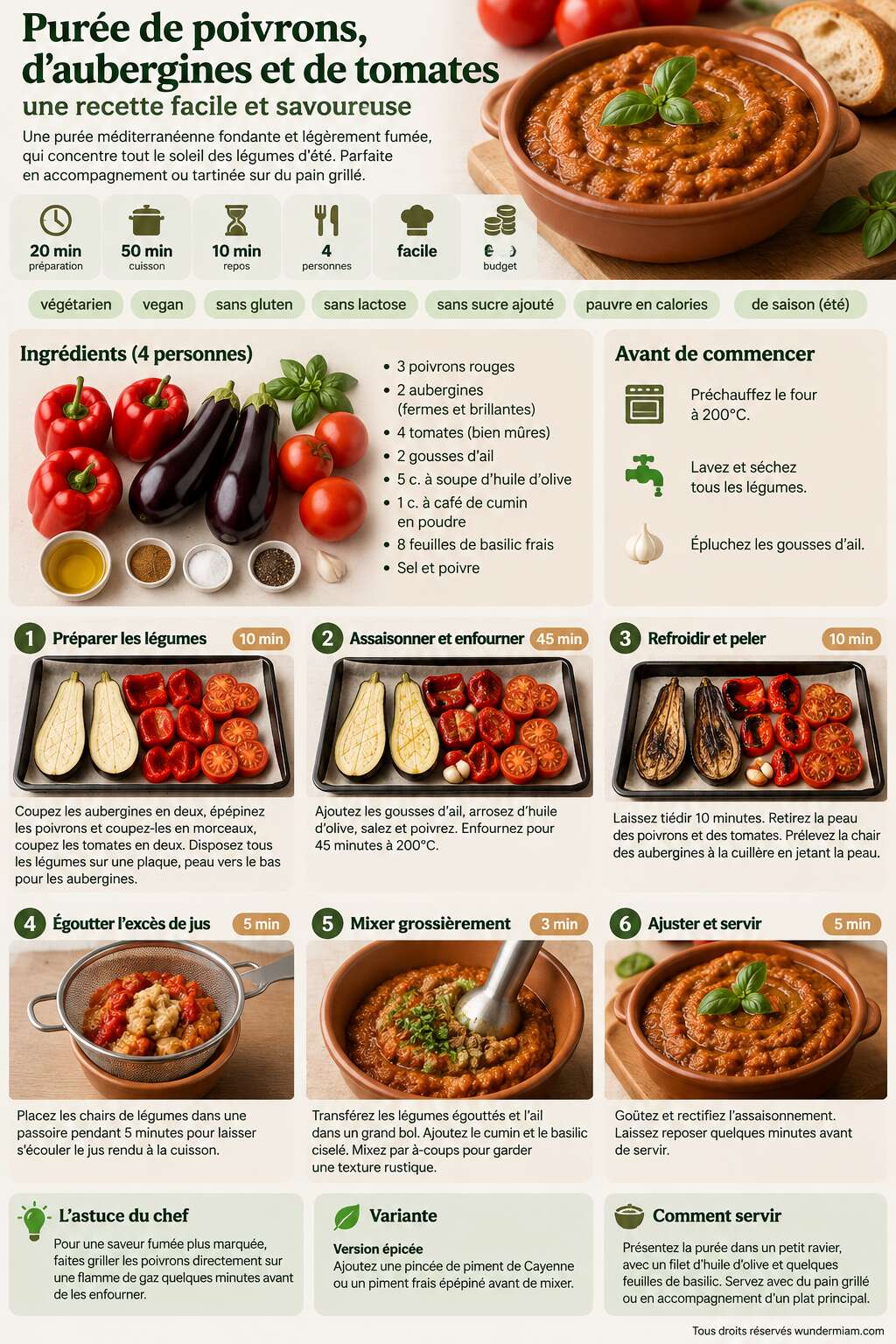 Fiche recette Purée de poivrons, d'aubergines et de tomates : une recette facile et savoureuse Fiche recette Purée de poivrons, d'aubergines et de tomates : une recette facile et savoureuse