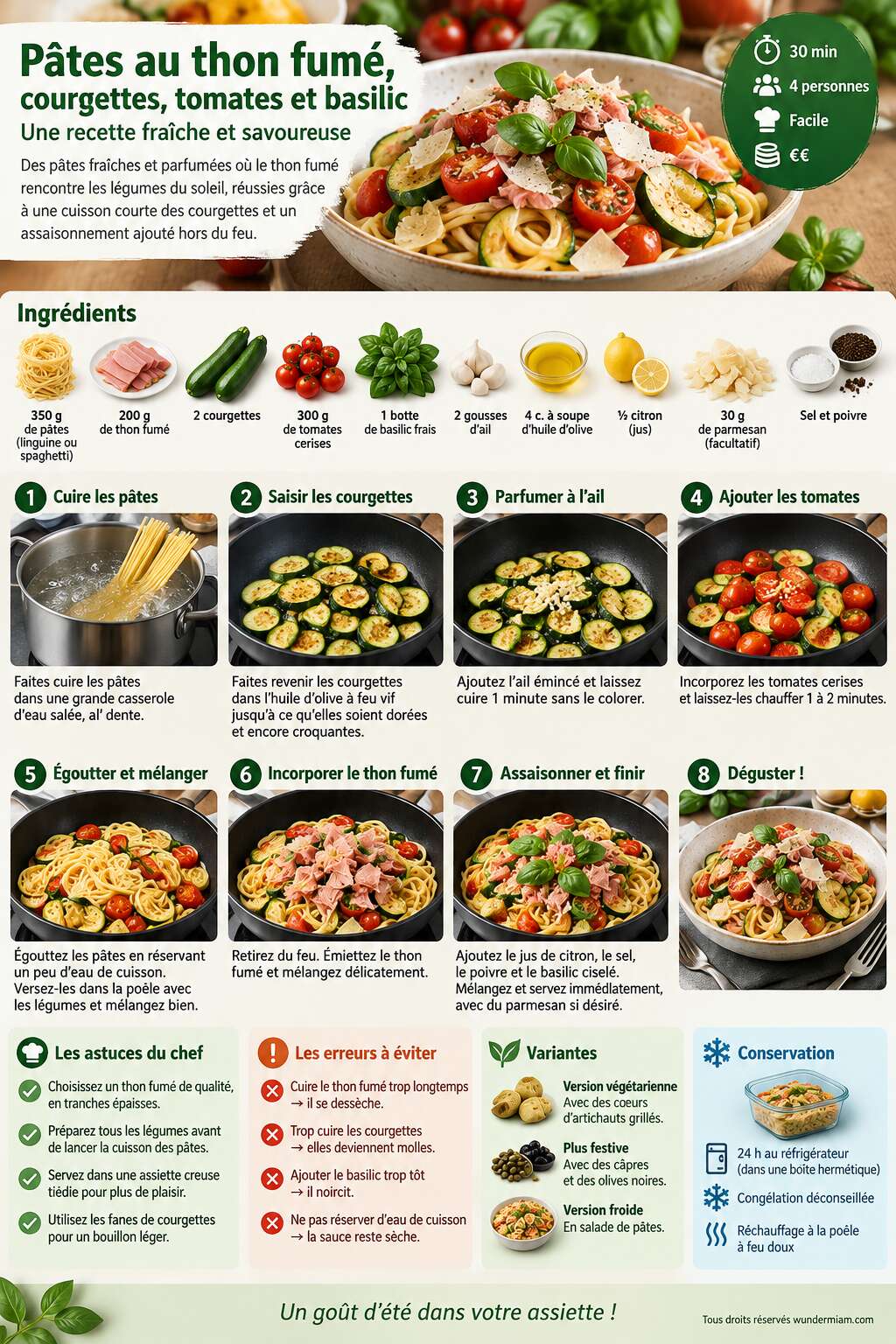Fiche recette P&acirc;tes au thon fum&eacute;, courgettes, tomates et basilic : une recette fra&icirc;che et savoureuse