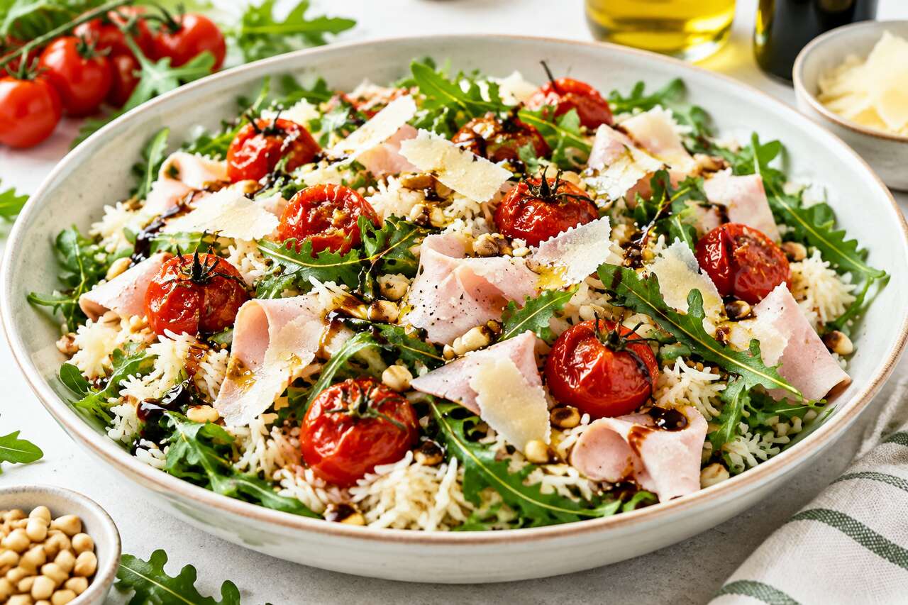 Salade de riz aux tomates confites, jambon et roquette : une recette fraĂźche et gourmande