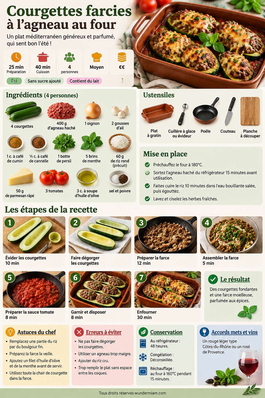 Fiche recette Recette de courgettes farcies à l'agneau au four Fiche recette Recette de courgettes farcies à l'agneau au four