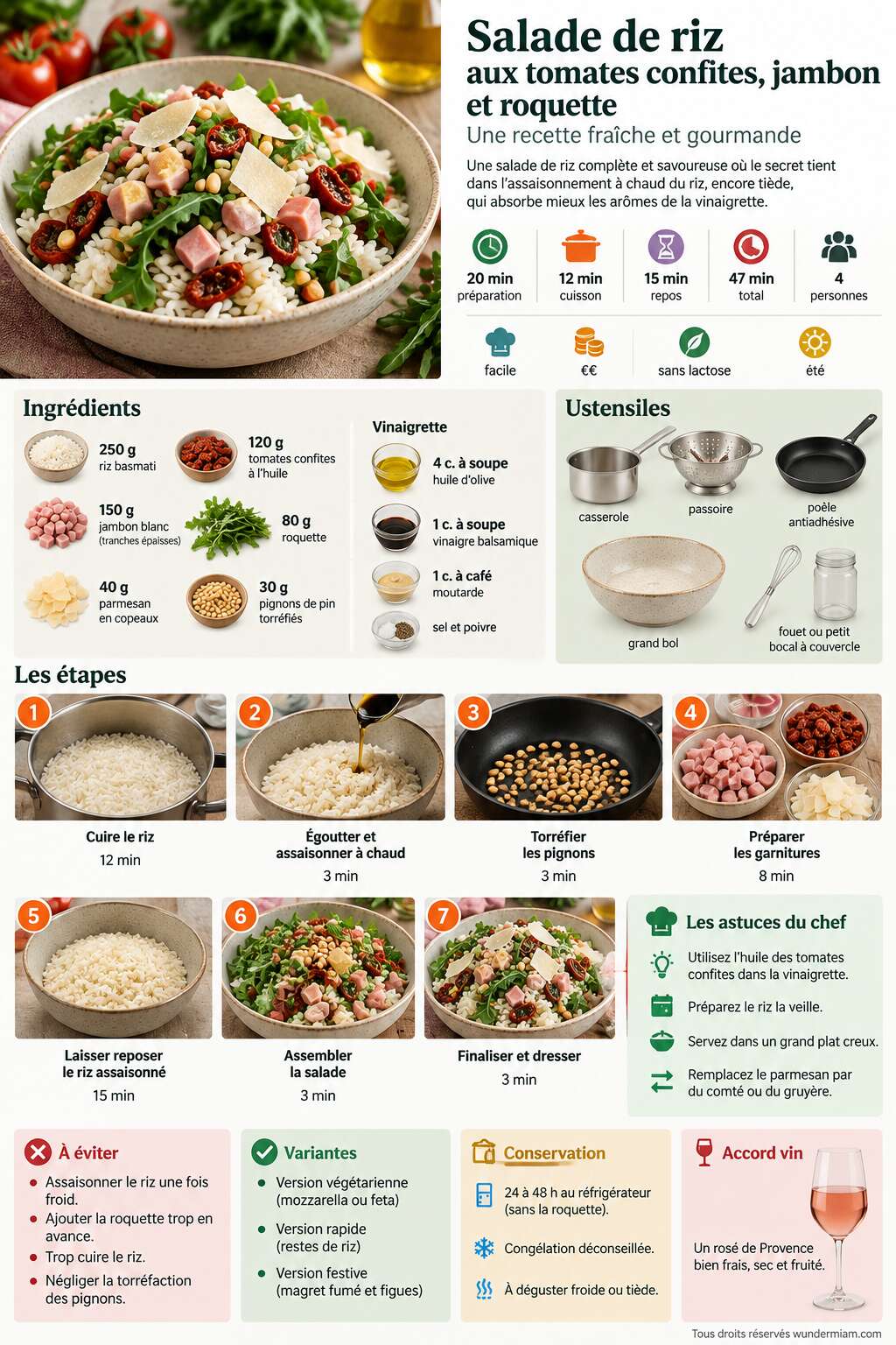 Fiche recette Salade de riz aux tomates confites, jambon et roquette : une recette fraîche et gourmande Fiche recette Salade de riz aux tomates confites, jambon et roquette : une recette fraîche et gourmande