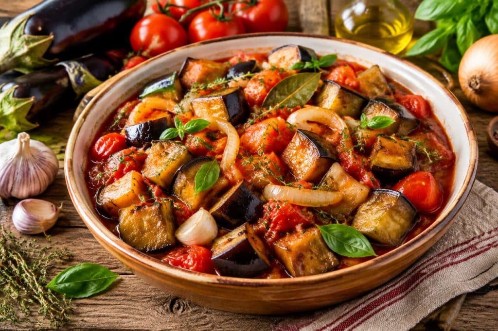 Recette facile d'aubergines à la tomate et aux oignons