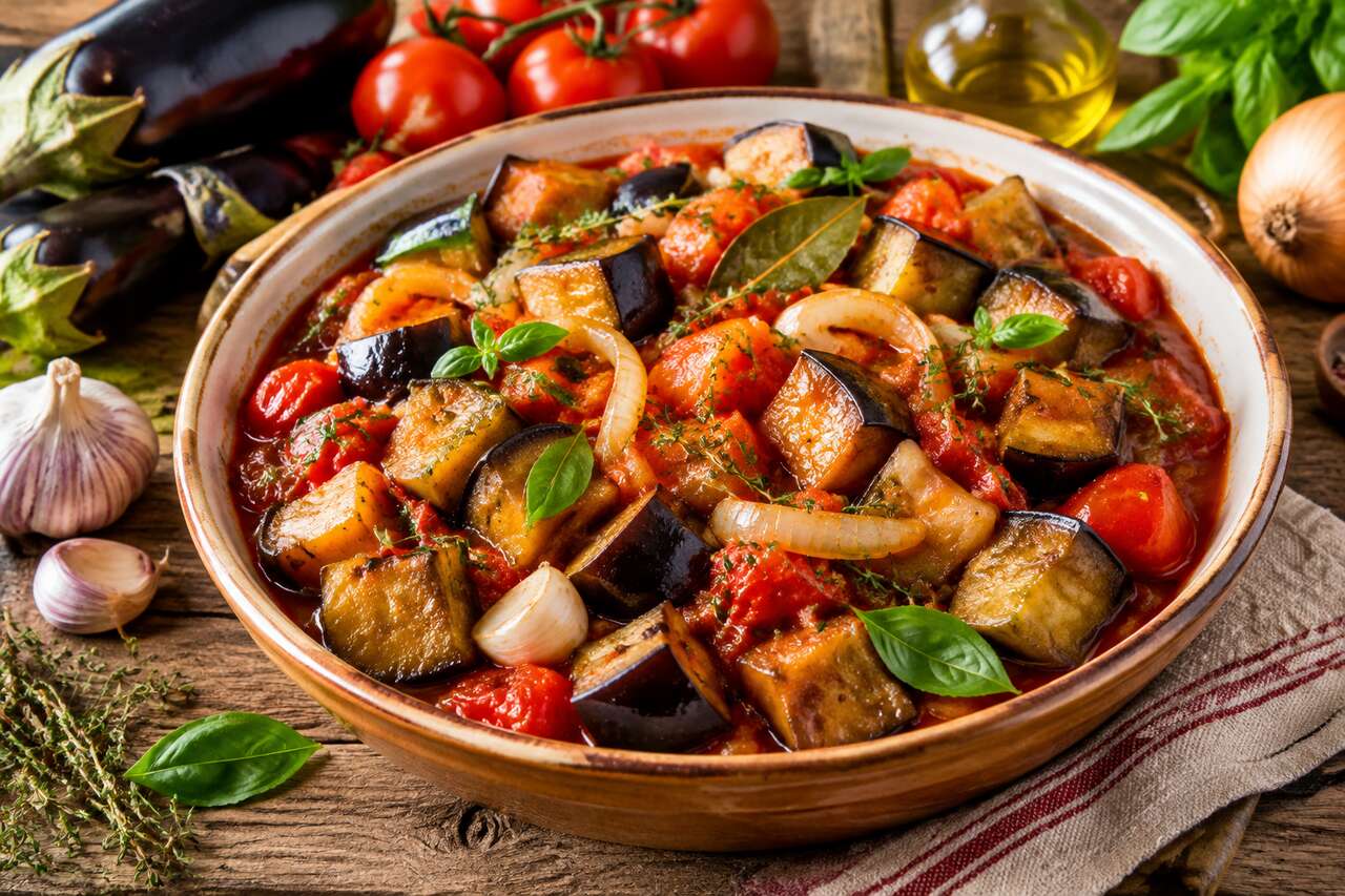Recette facile d'aubergines Ă la tomate et aux oignons