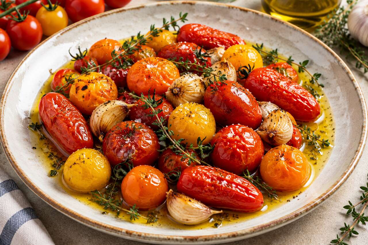 Recette de tomates cerise confites Ă l'huile d'olive, ail et thym