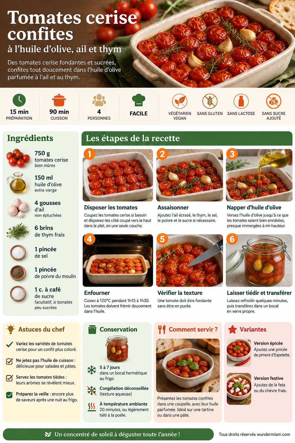 Fiche recette Recette de tomates cerise confites à l'huile d'olive, ail et thym Fiche recette Recette de tomates cerise confites à l'huile d'olive, ail et thym
