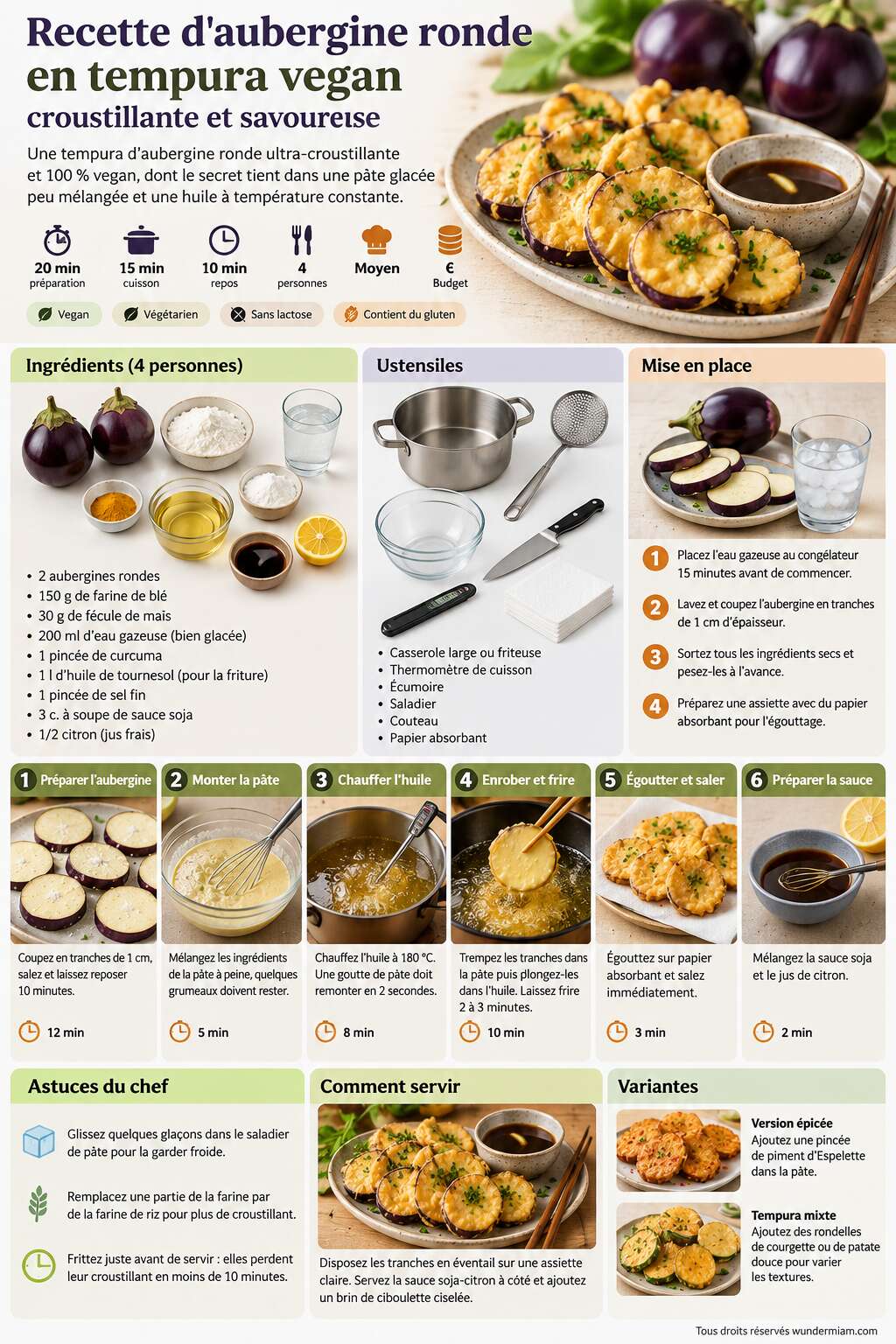 Fiche recette Recette d'aubergine ronde en tempura vegan : croustillante et savoureuse Fiche recette Recette d'aubergine ronde en tempura vegan : croustillante et savoureuse