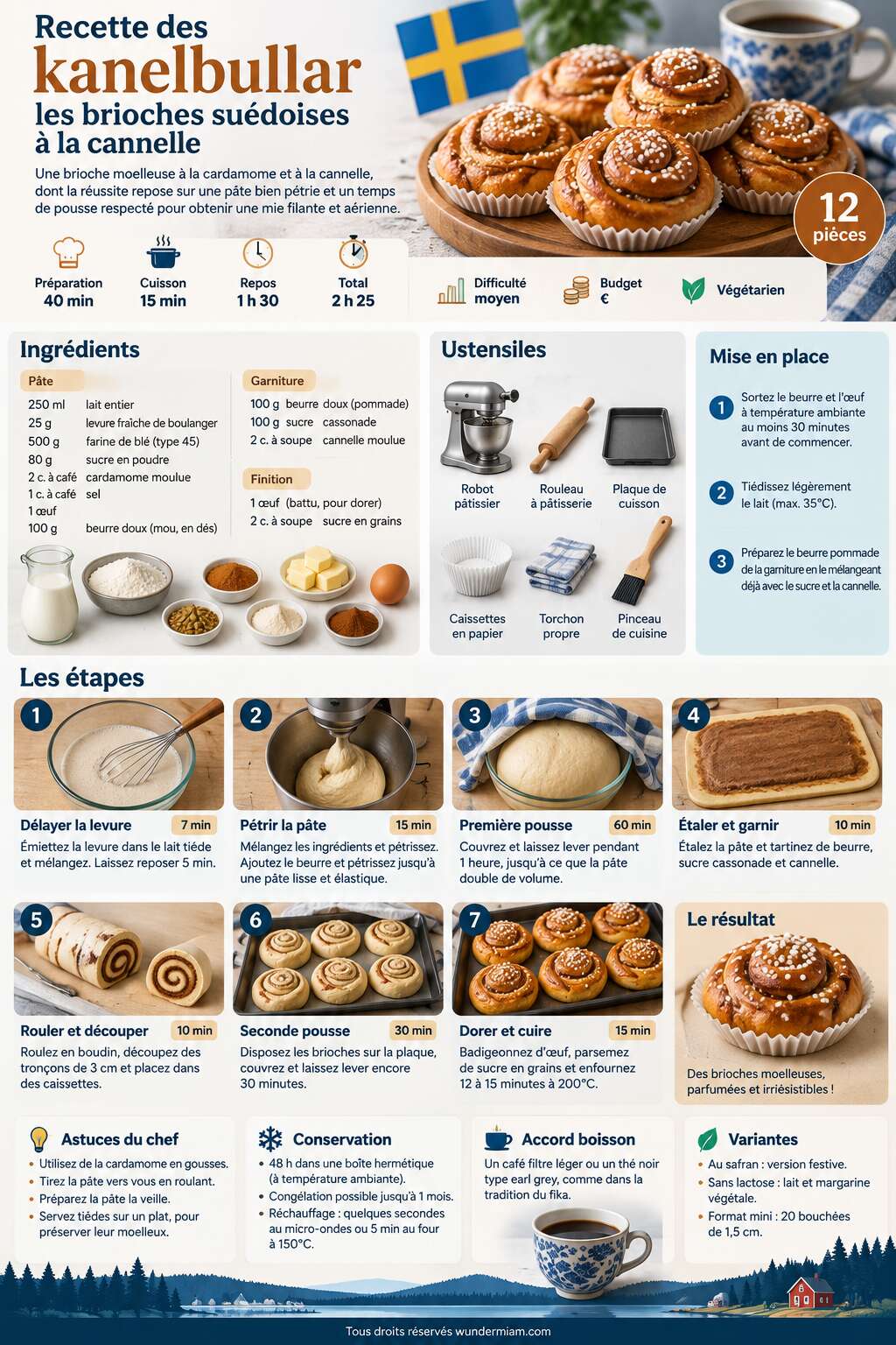 Fiche recette Recette des kanelbullar, les brioches suédoises à la cannelle Fiche recette Recette des kanelbullar, les brioches suédoises à la cannelle