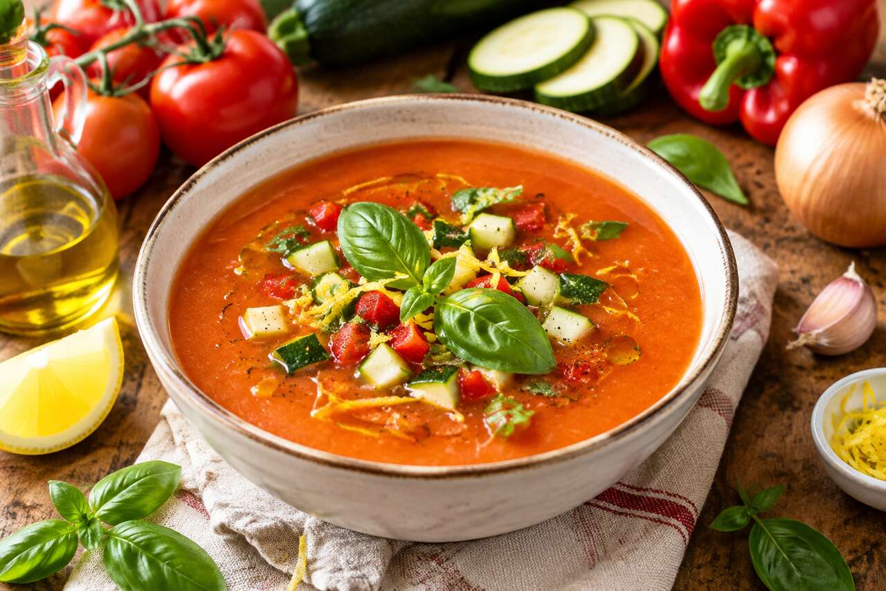 Recette de soupe de tomates, courgettes et poivrons au citron