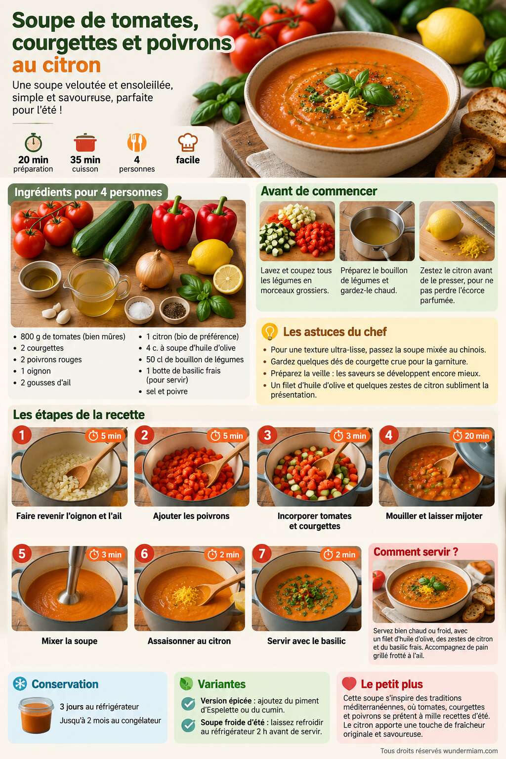 Fiche recette Recette de soupe de tomates, courgettes et poivrons au citron Fiche recette Recette de soupe de tomates, courgettes et poivrons au citron