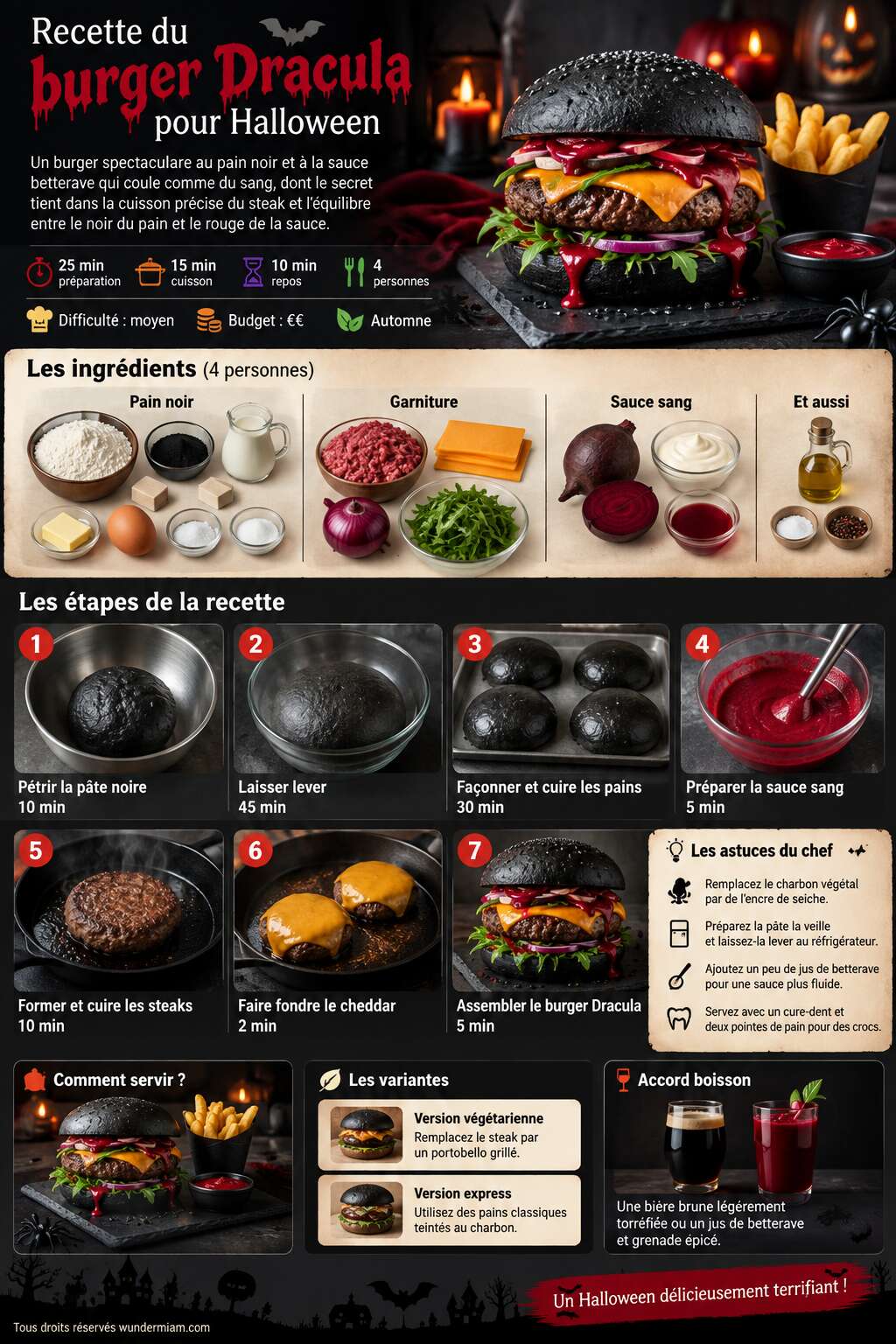 Fiche recette Recette du burger Dracula pour Halloween Fiche recette Recette du burger Dracula pour Halloween