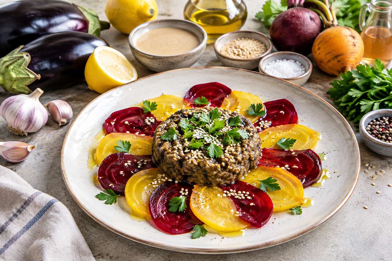 Recette de pétales de betteraves au caviar d'aubergines