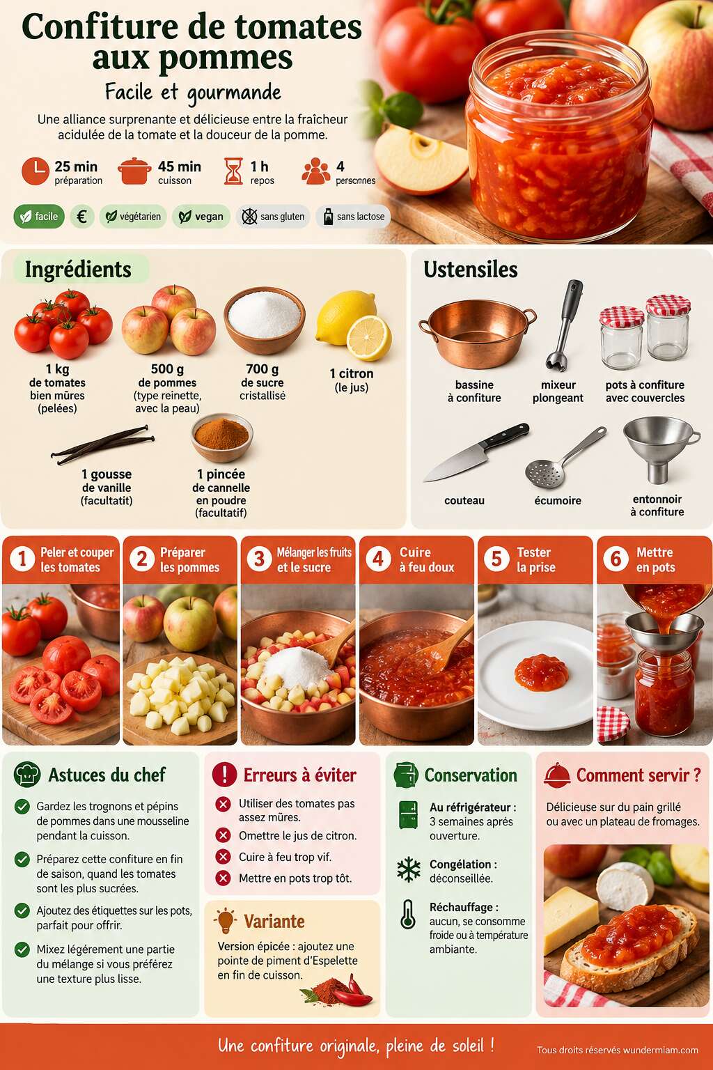 Fiche recette Recette de confiture de tomates aux pommes facile et gourmande