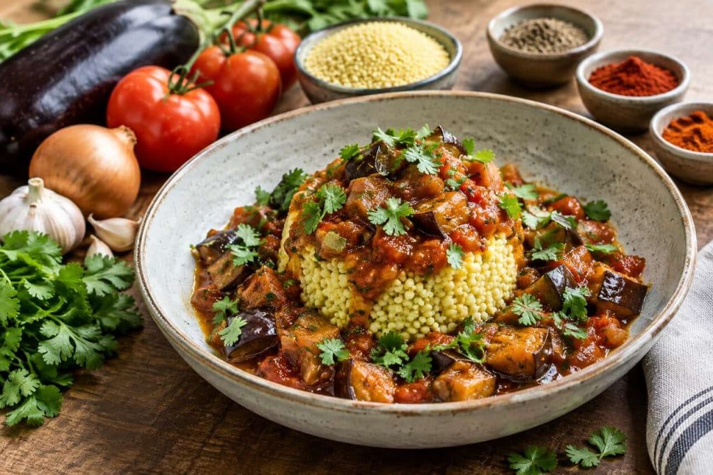 Recette de millet cuit à l'aubergine et sauce tomate épicée