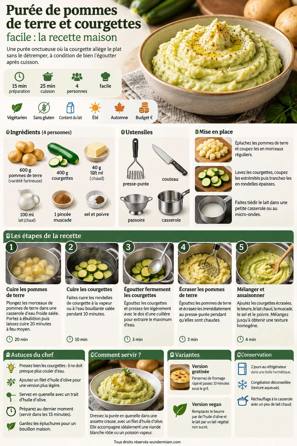 Fiche recette Purée de pommes de terre et courgettes facile : la recette maison Fiche recette Purée de pommes de terre et courgettes facile : la recette maison