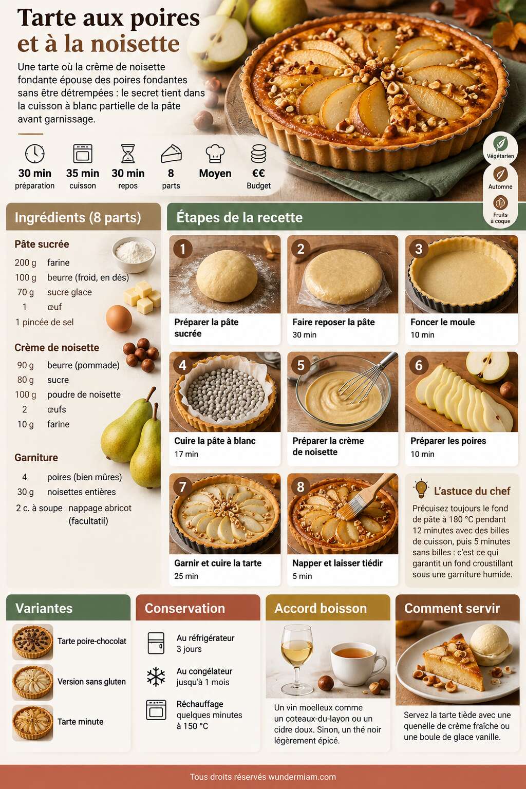 Fiche recette Recette de tarte aux poires et à la noisette Fiche recette Recette de tarte aux poires et à la noisette