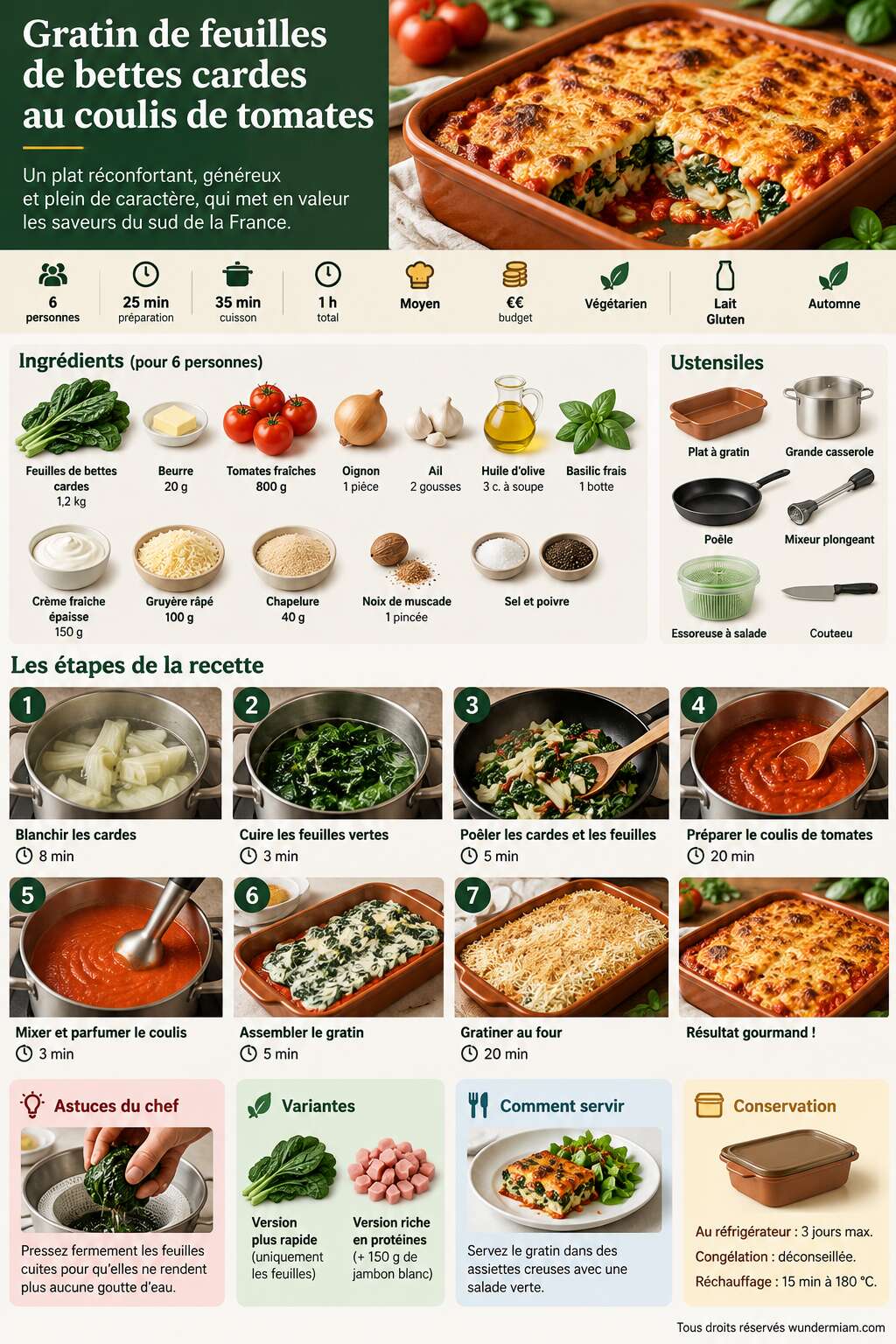 Fiche recette Recette de gratin de feuilles de bettes cardes au coulis de tomates Fiche recette Recette de gratin de feuilles de bettes cardes au coulis de tomates