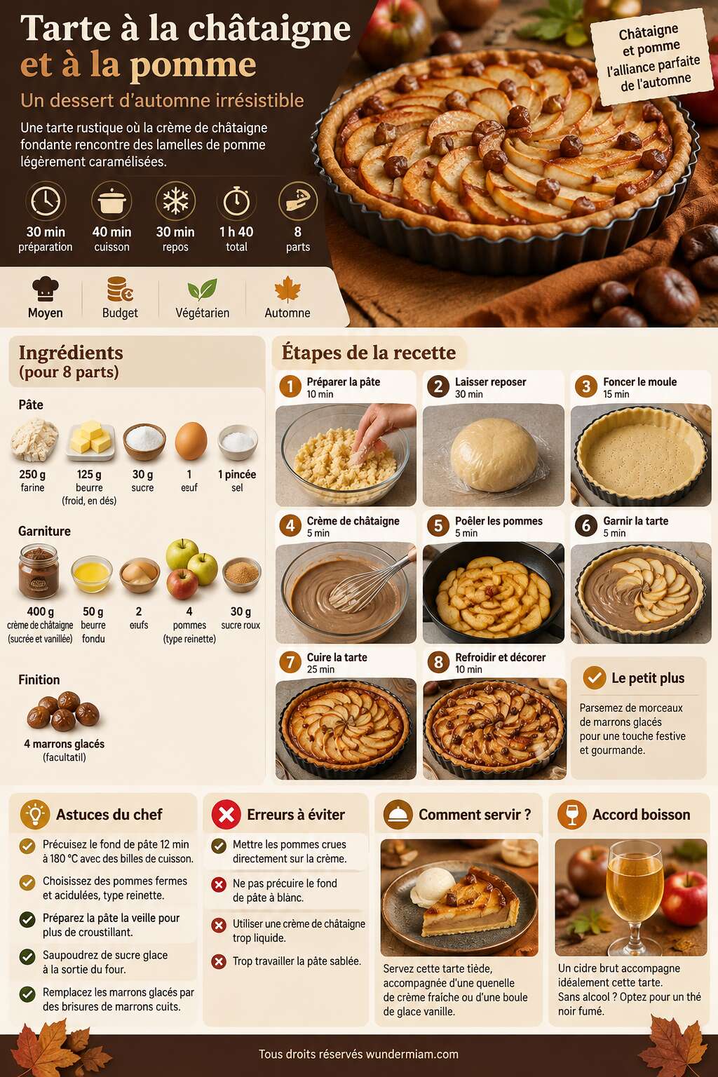 Fiche recette Recette de tarte à la châtaigne et à la pomme : un dessert d'automne irrésistible Fiche recette Recette de tarte à la châtaigne et à la pomme : un dessert d'automne irrésistible