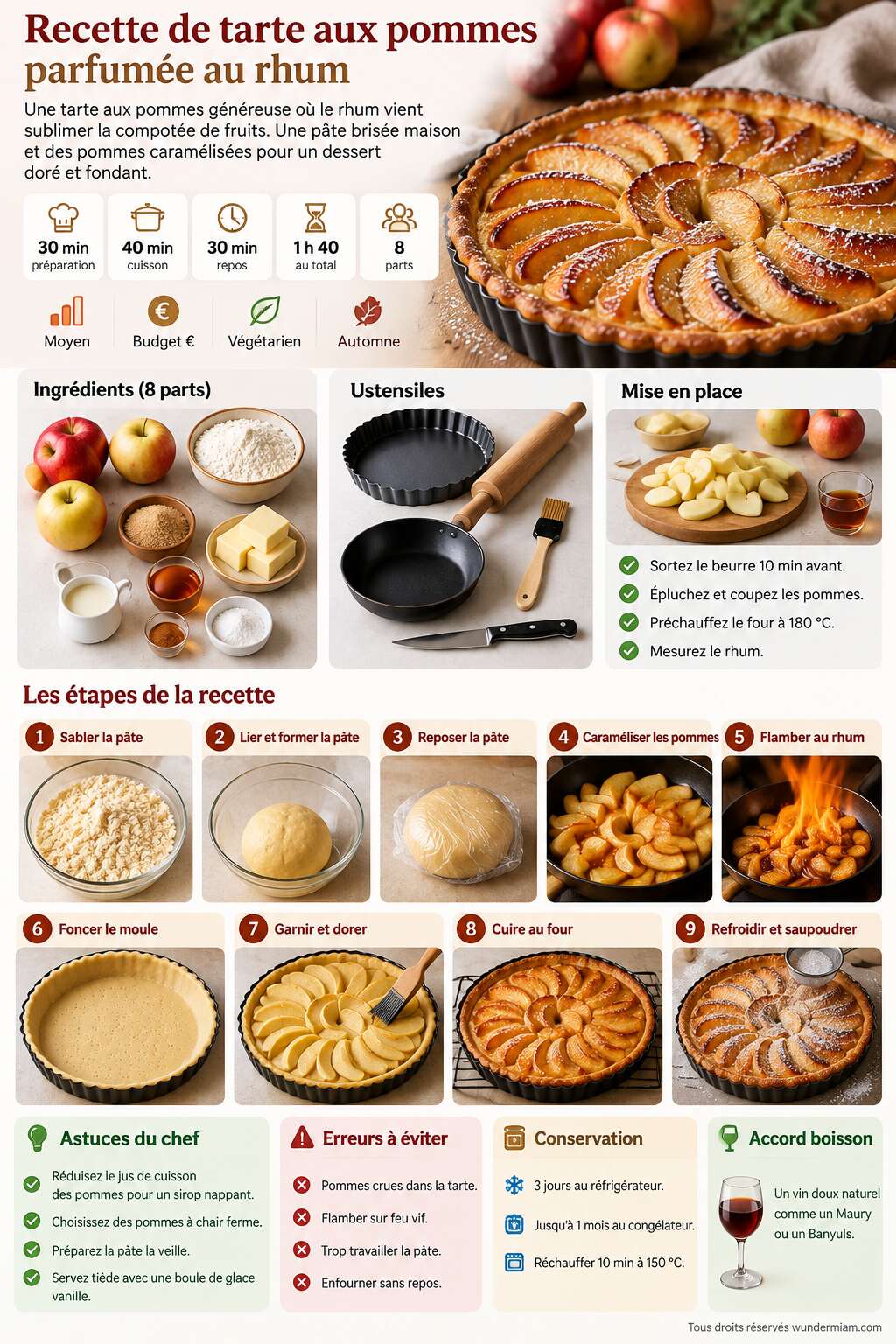 Fiche recette Recette de tarte aux pommes parfumée au rhum Fiche recette Recette de tarte aux pommes parfumée au rhum