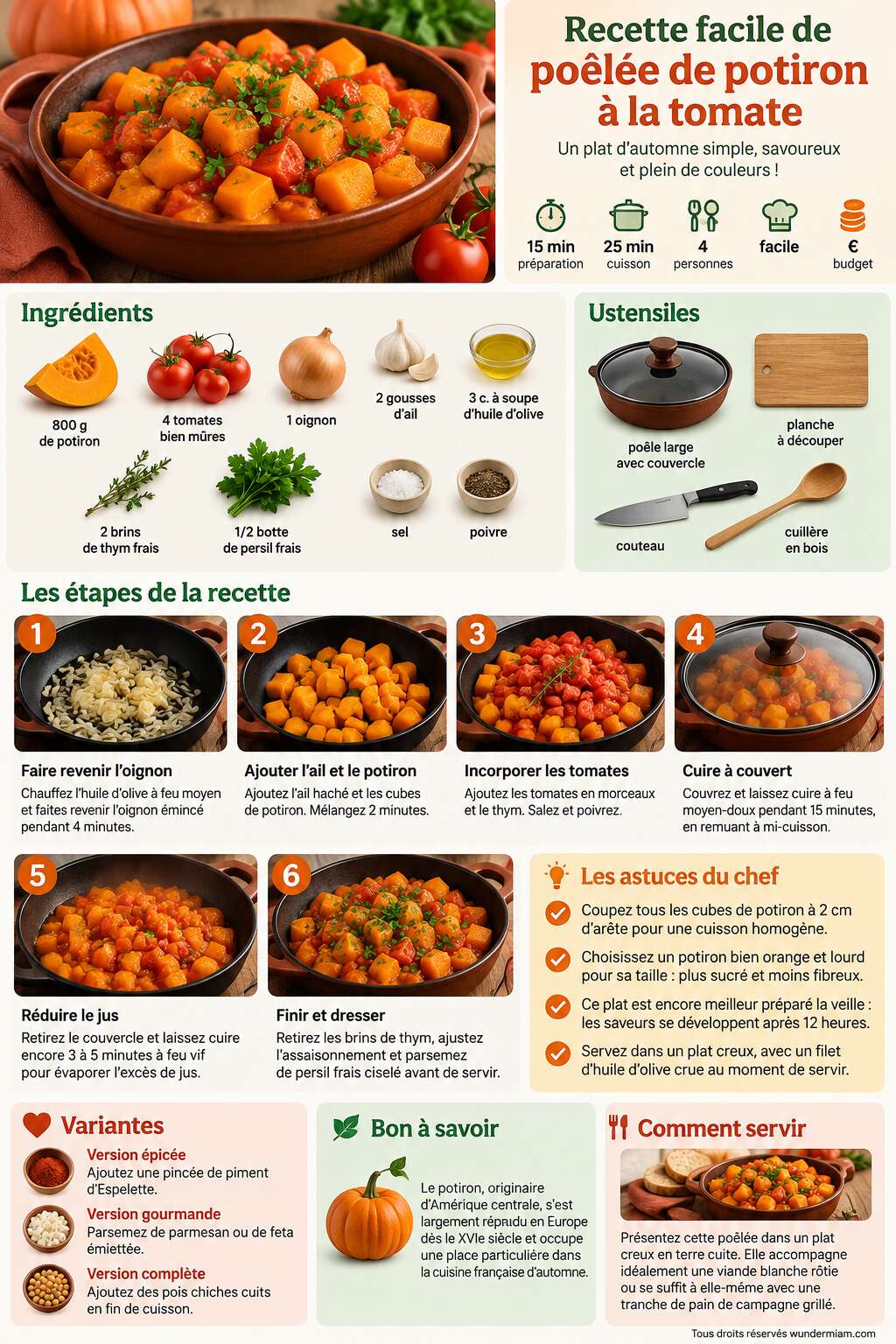 Fiche recette Recette facile de poêlée de potiron à la tomate Fiche recette Recette facile de poêlée de potiron à la tomate